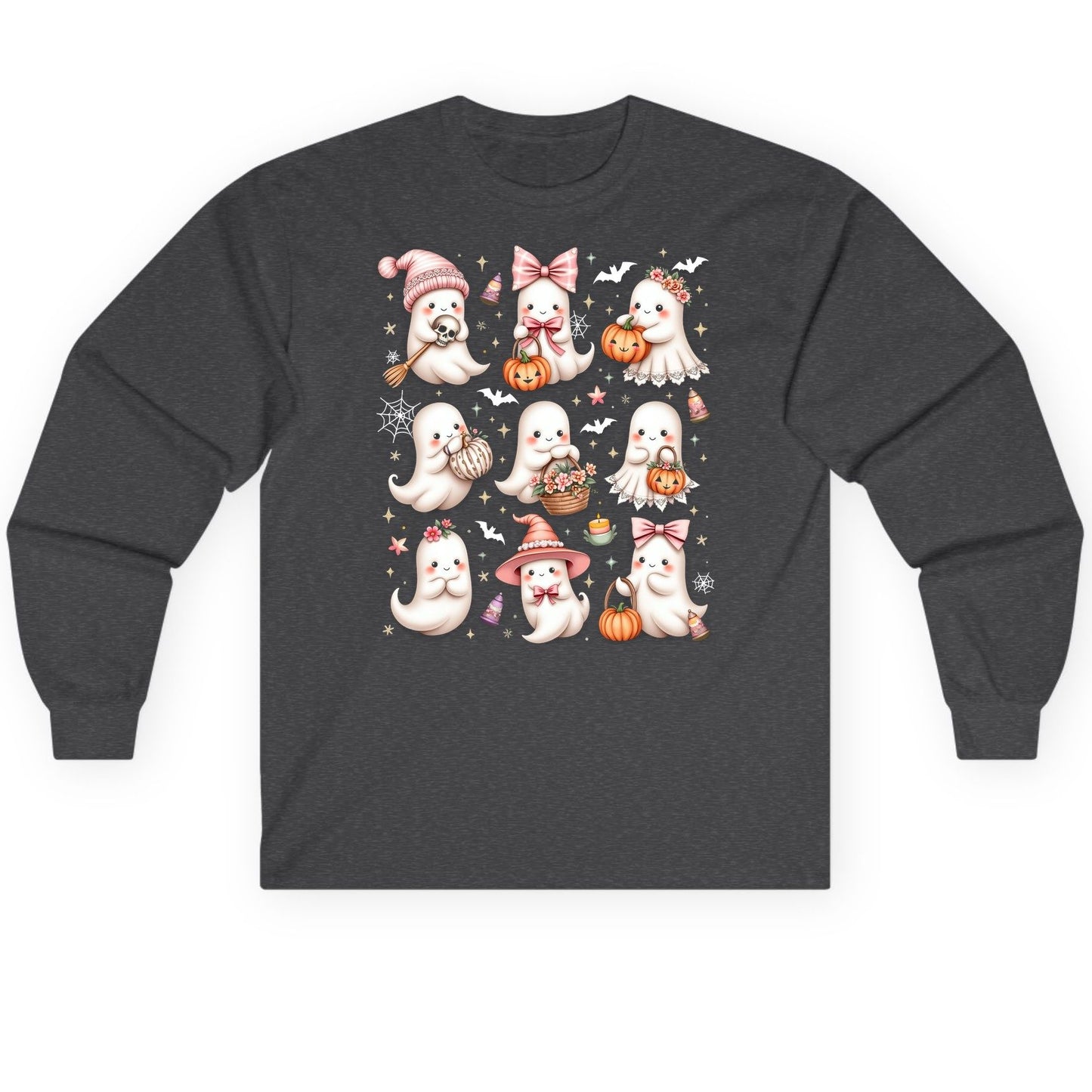 Cute Pink Halloween Ghosts cute Halloween ghosts Long Sleeve Tee Dark Heather product mockup