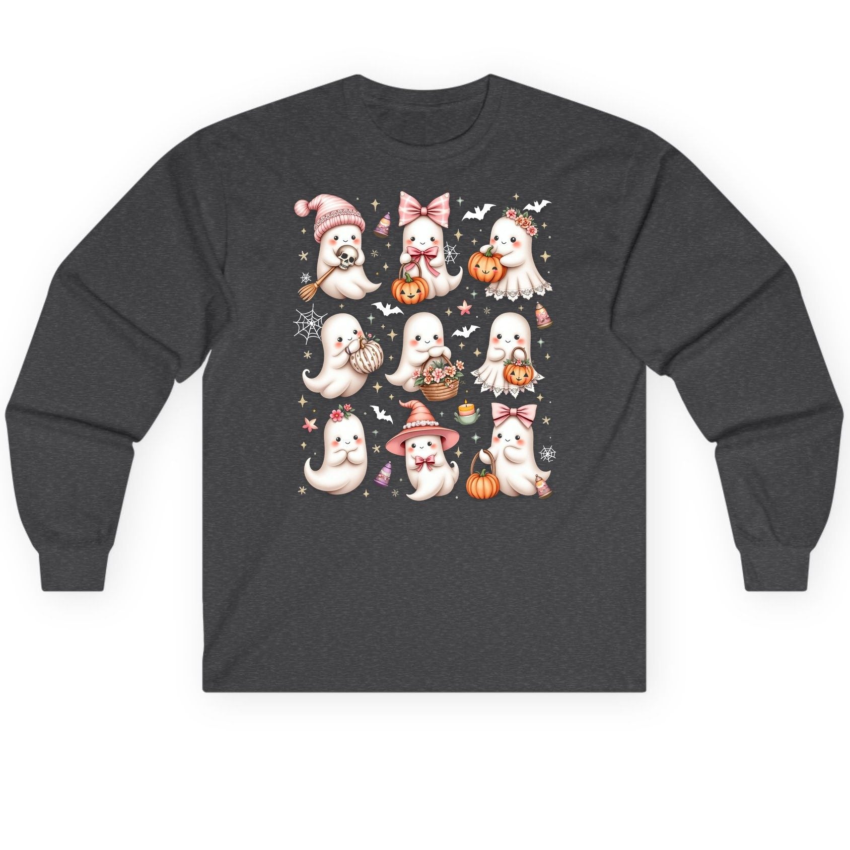 Cute Pink Halloween Ghosts cute Halloween ghosts Long Sleeve Tee Dark Heather product mockup