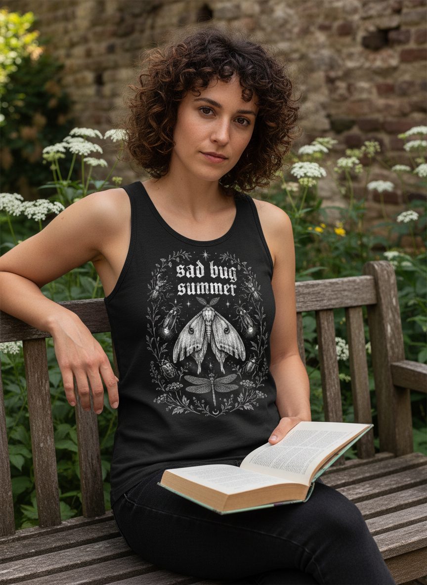 Sad Bug Summer Vintage Insects Tank Top - lifestyle model mockup - Black