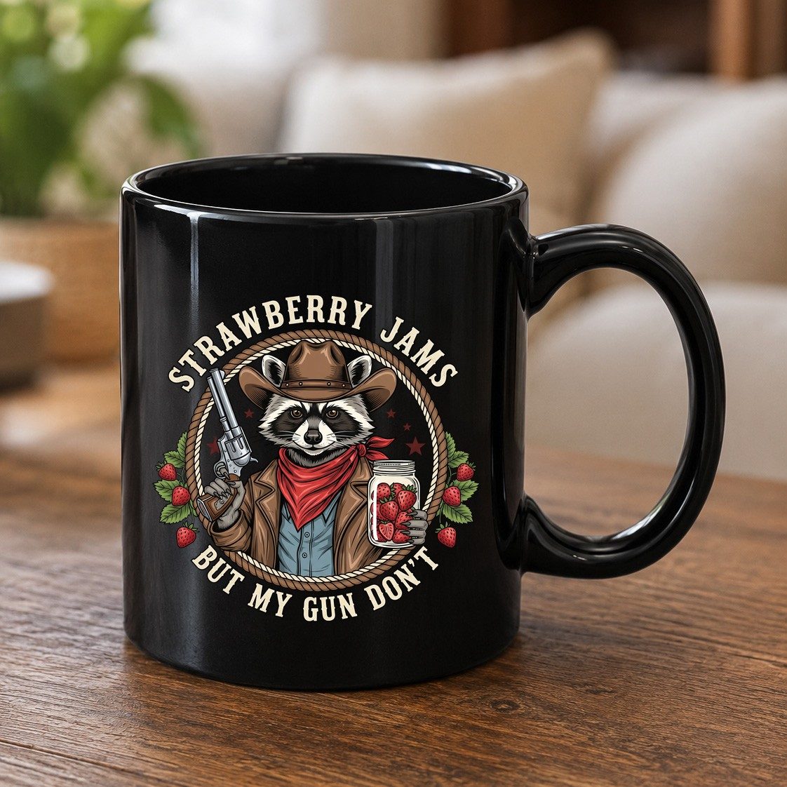 Strawberry Jams but My Gun Don't cowboy raccoon Black Mug Black product mockup