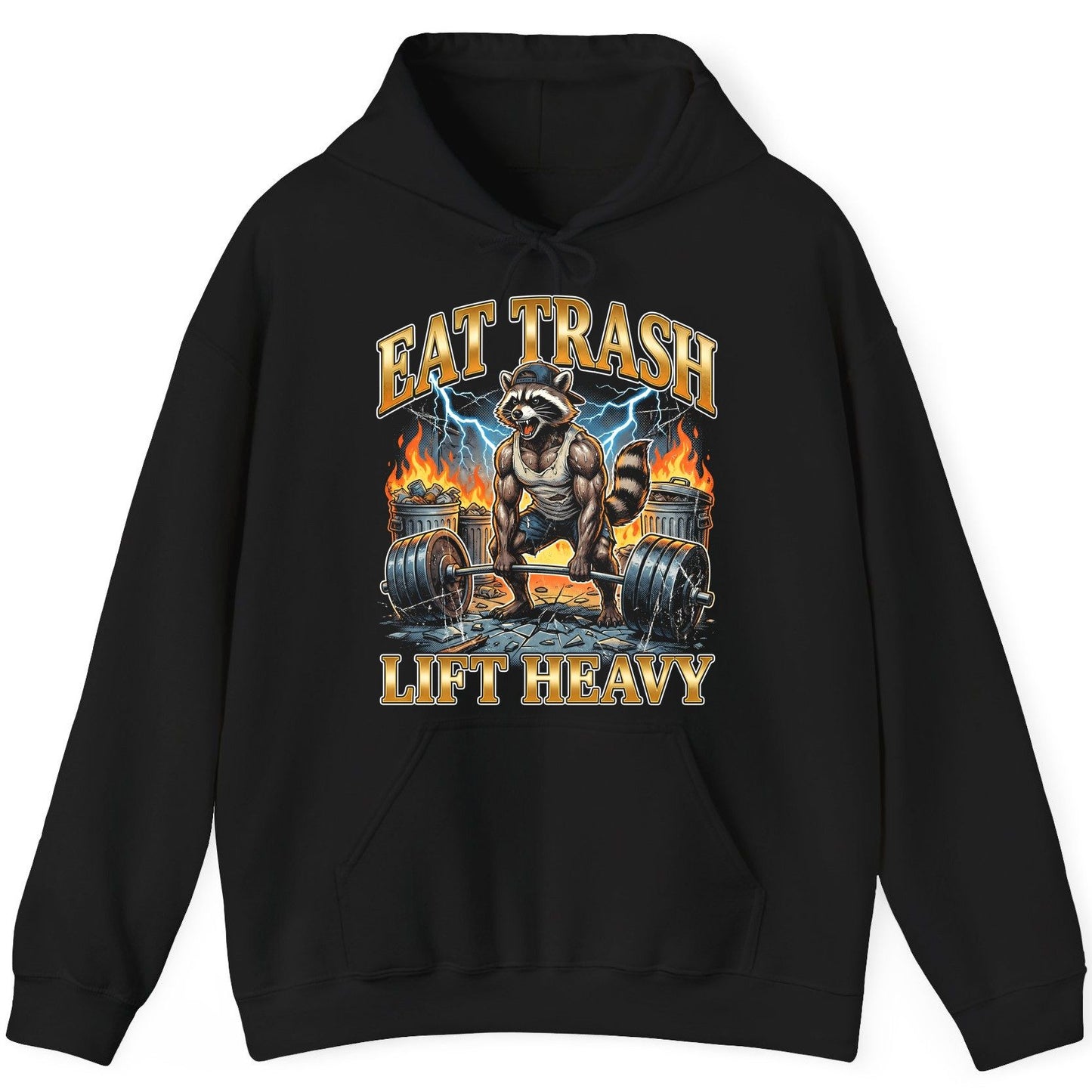 Eat Trash Lift Heavy raccoon Hoodie Black product mockup