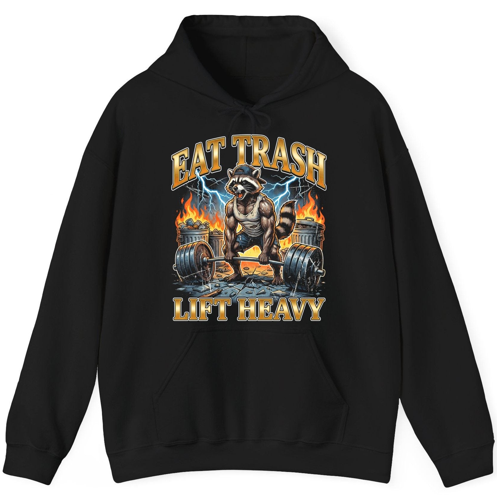 Eat Trash Lift Heavy raccoon Hoodie Black product mockup