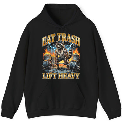 Eat Trash Lift Heavy raccoon Hoodie Black product mockup
