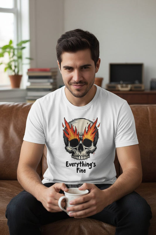 Everything's Fine flaming skull T-Shirt White lifestyle mockup