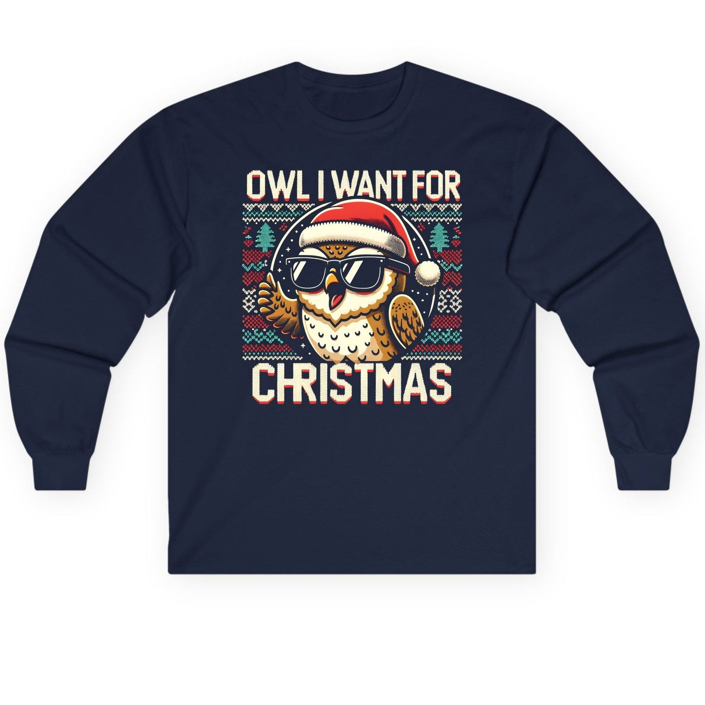 Owl I Want for Christmas Christmas owl Long Sleeve Tee Navy product mockup