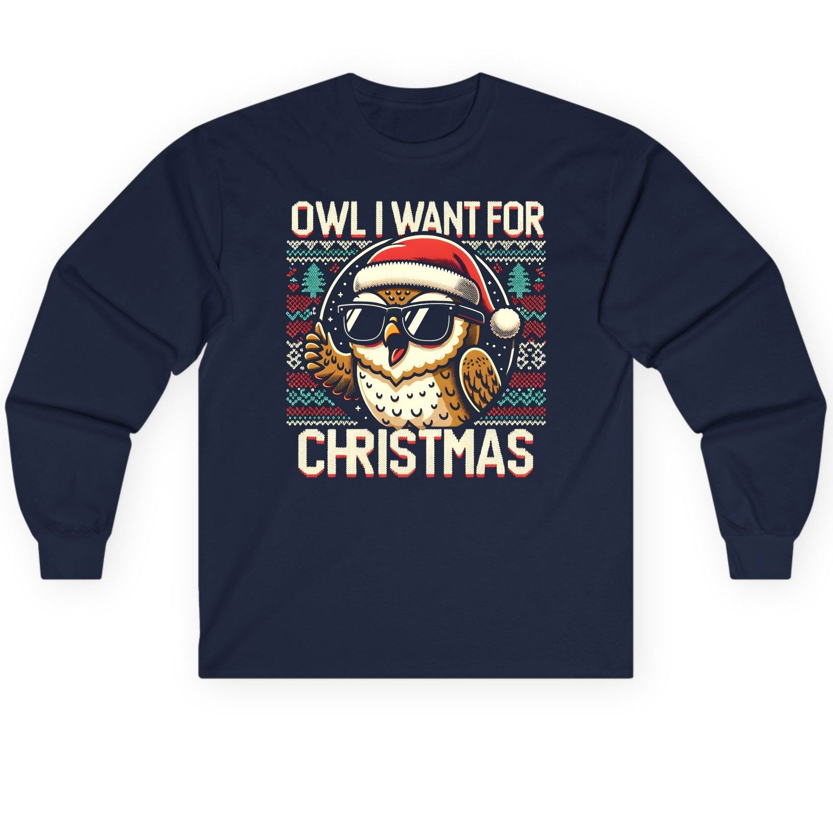 Owl I Want for Christmas Christmas owl Long Sleeve Tee Navy product mockup