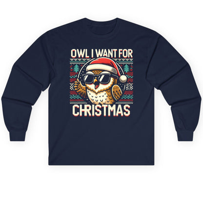 Owl I Want for Christmas Christmas owl Long Sleeve Tee Navy product mockup