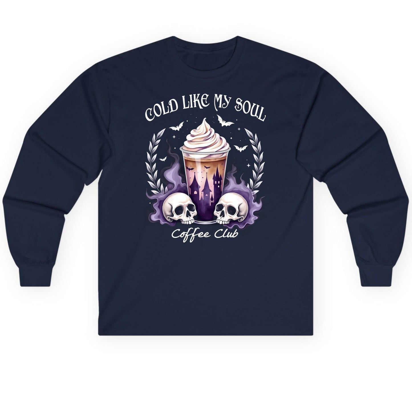 Cold Like My Soul Coffee Club gothic iced coffee Long Sleeve Tee Navy product mockup