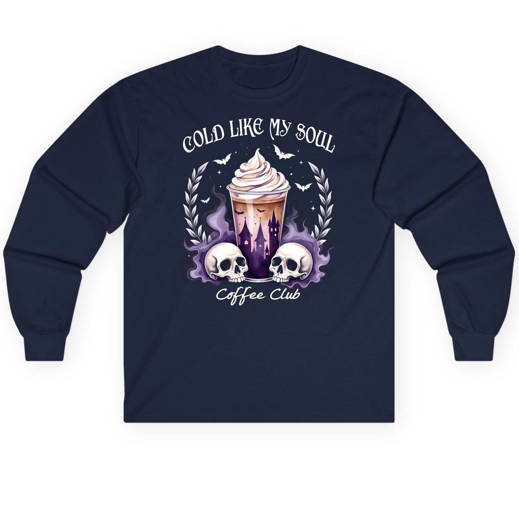 Cold Like My Soul Coffee Club gothic iced coffee Long Sleeve Tee Navy product mockup