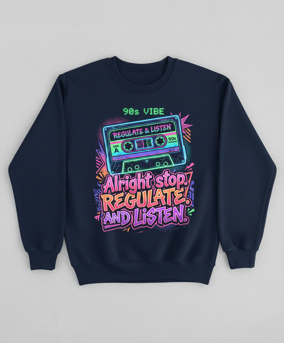 90s Vibe Cassette Tape Regulate and Listen Retro Design Sweatshirt - Navy