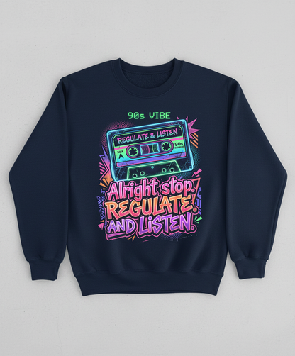 90s Vibe Cassette Tape Regulate and Listen Retro Design Sweatshirt - Navy