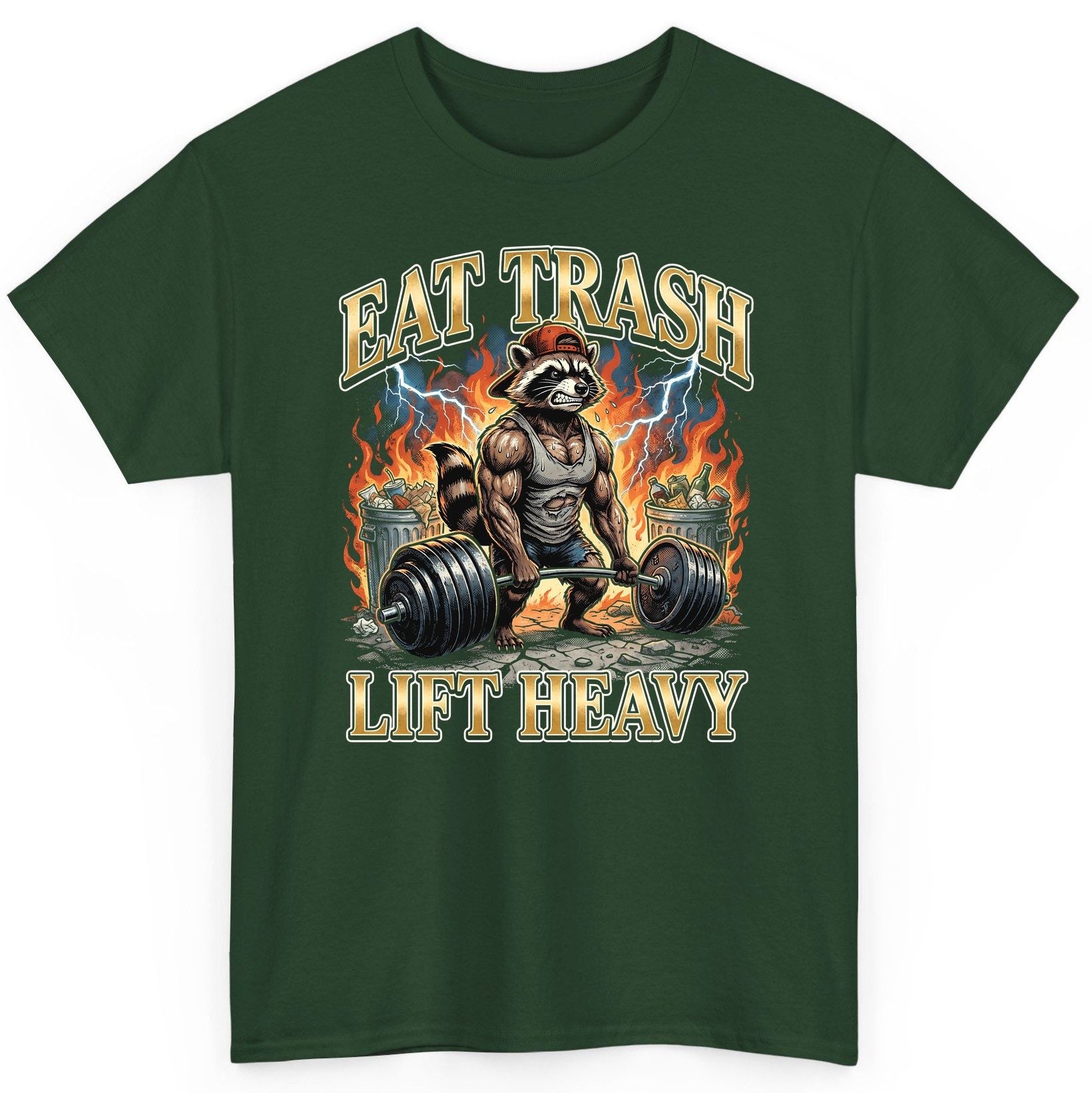 Eat Trash Lift Heavy raccoon T-Shirt Forest Green product mockup