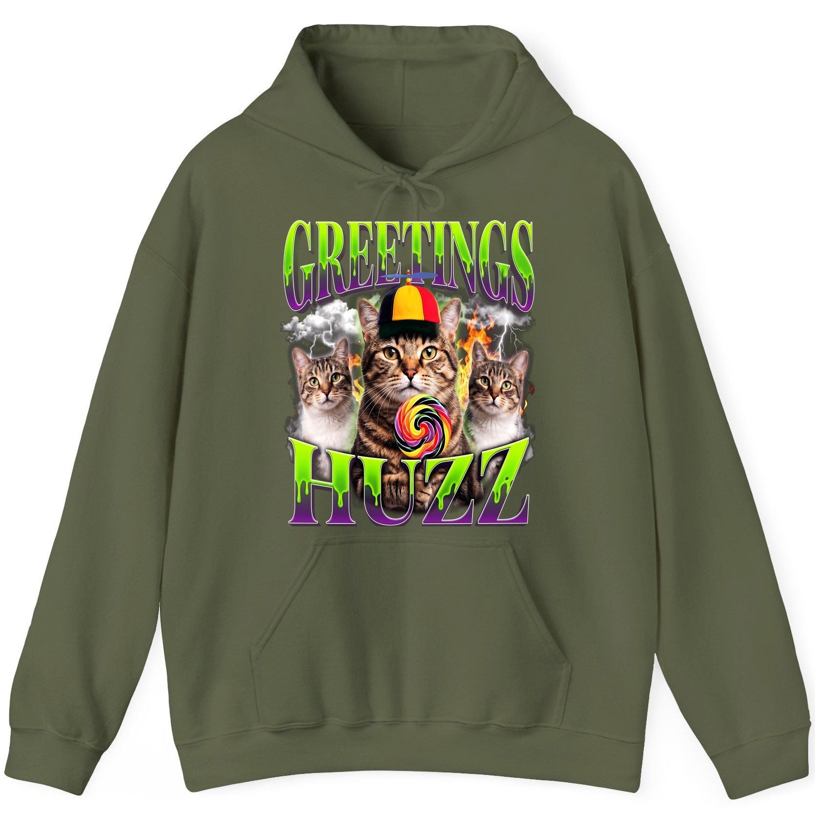 Greetings HUZZ Funny Cat Hoodie - product mockup - Military Green