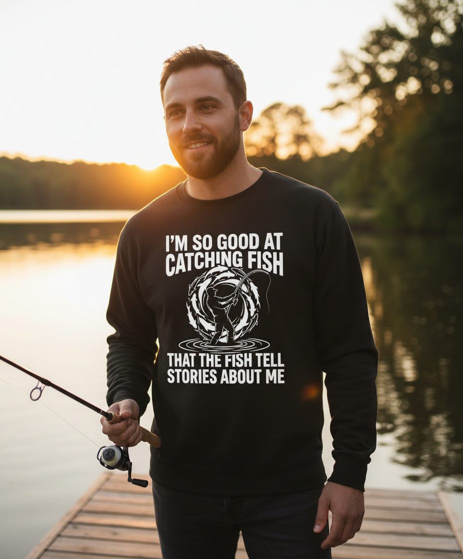 I'm So Good at Catching Fish That the Fish Tell Stories About Me fishing Sweatshirt Black lifestyle mockup