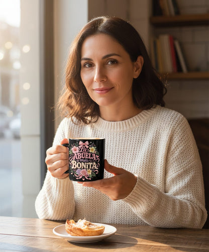 La ABUELA Más BONITA Grandma Black Mug - lifestyle model mockup - Black