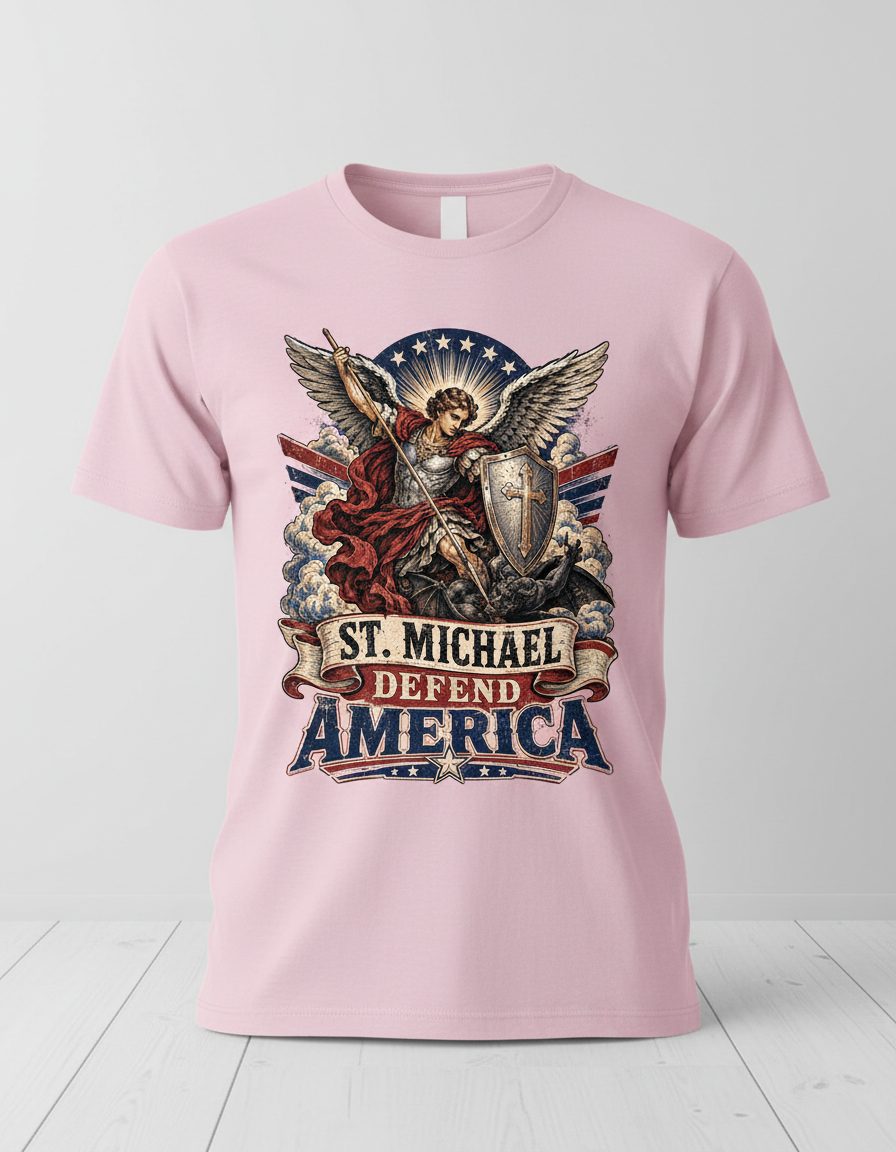 St Michael Defend America Vintage Patriotic Christian T-Shirt - product mockup - Light Pink
