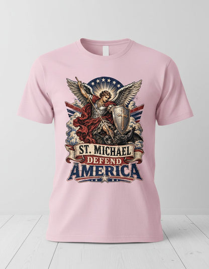 St Michael Defend America Vintage Patriotic Christian T-Shirt - product mockup - Light Pink