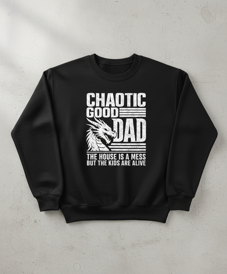 CHAOTIC GOOD DAD THE HOUSE IS A MESS BUT THE KIDS ARE ALIVE Funny Chaotic Good Dad Dragon Sweatshirt - product mockup - Black