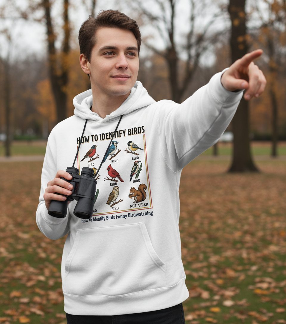 How to Identify Birds Funny Birdwatching Hoodie - lifestyle model mockup - White