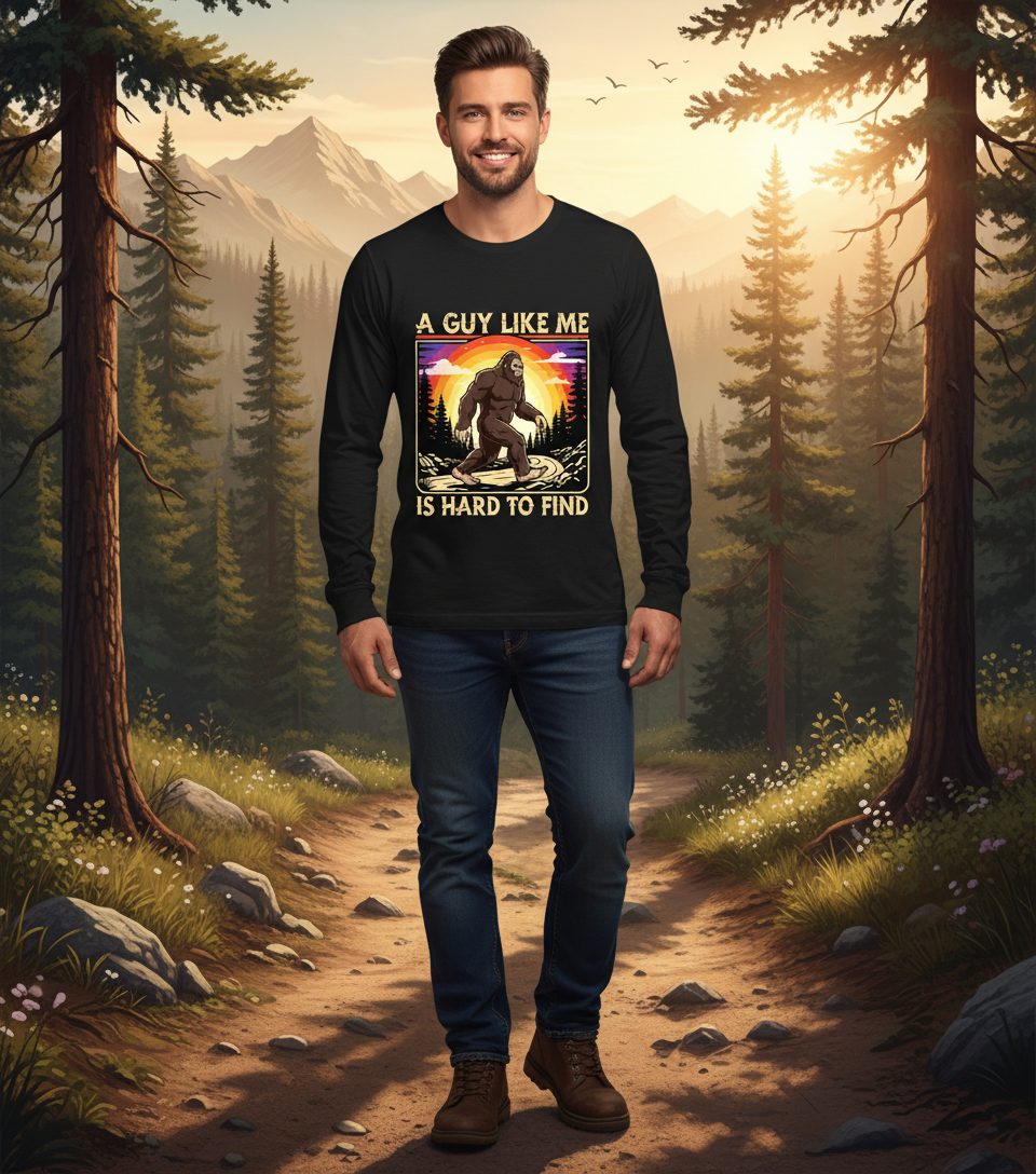 A Guy Like Me Is Hard to Find bigfoot Long Sleeve Tee Black lifestyle mockup