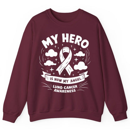 My Hero Is Now My Angel Lung Cancer Awareness lung cancer awareness Sweatshirt Maroon product mockup