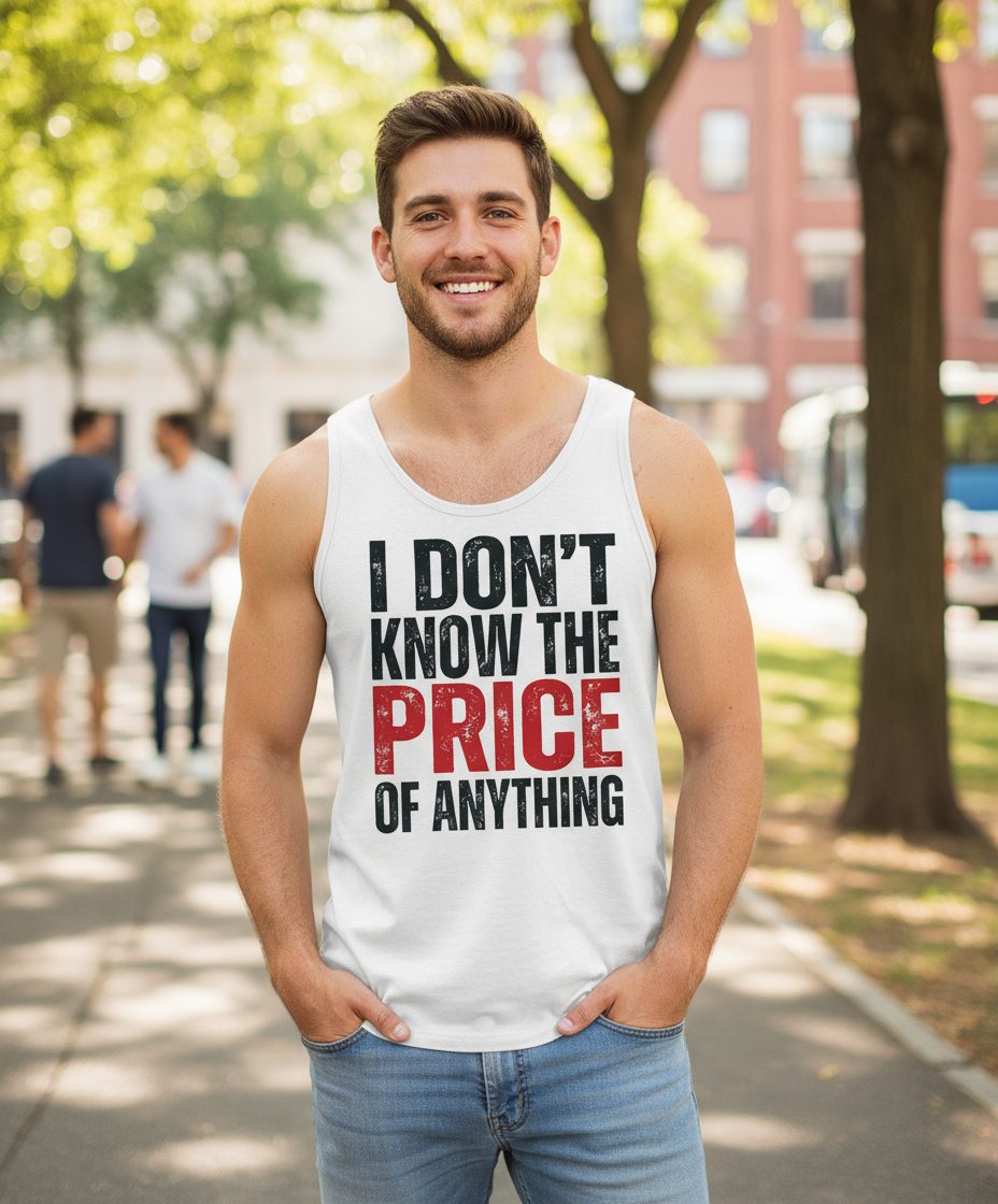 I DON'T KNOW THE PRICE OF Anything Funny Sarcastic Humor Tank Top - lifestyle model mockup - White