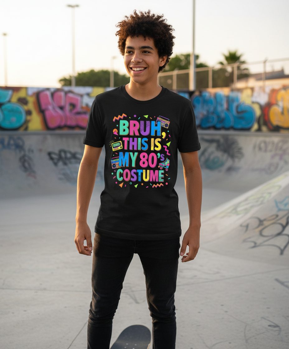 BRUH THIS IS MY 80's COSTUME 80s Retro Theme Youth T-Shirt Black lifestyle mockup
