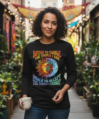 SATIVA TO CHANGE THE THINGS I CAN INDICA TO ACCEPT Long Sleeve Tee - lifestyle model mockup - Black