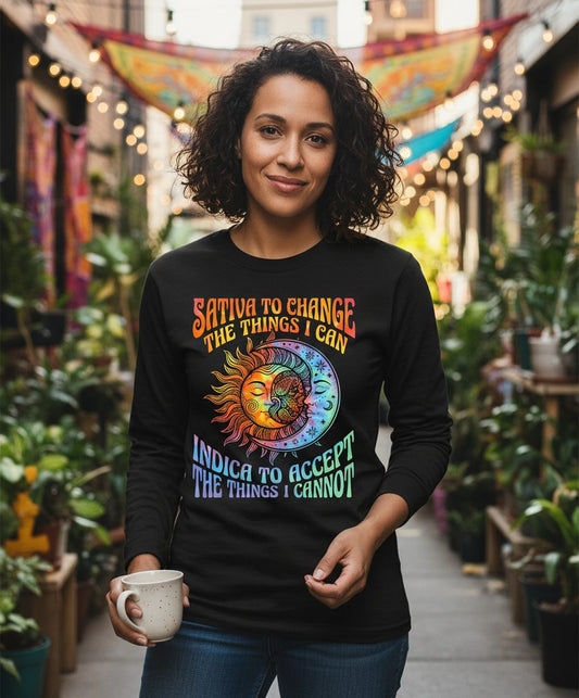 SATIVA TO CHANGE THE THINGS I CAN INDICA TO ACCEPT Long Sleeve Tee - lifestyle model mockup - Black