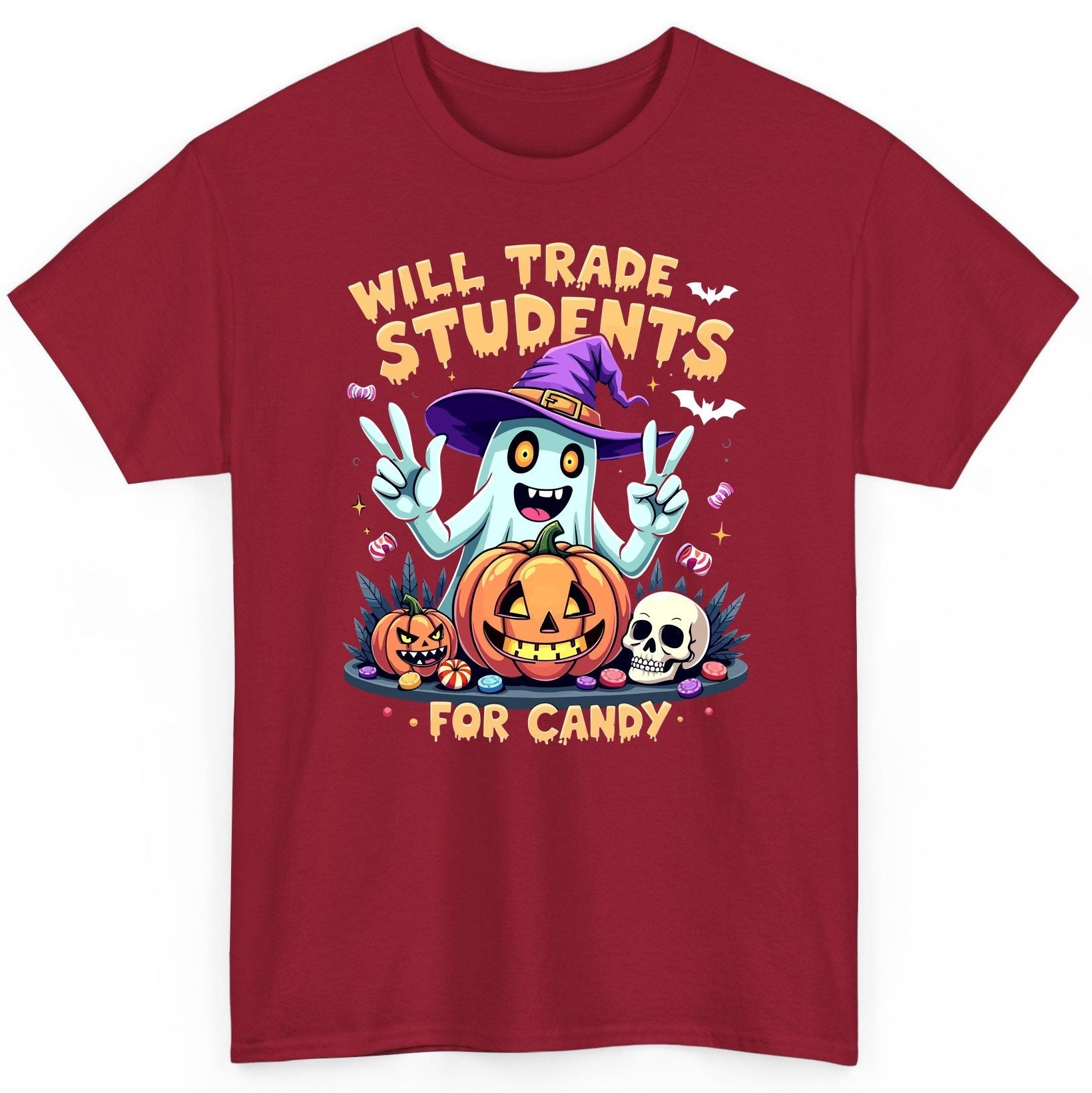 Will Trade Students for Candy teacher humor T-Shirt Cardinal Red product mockup
