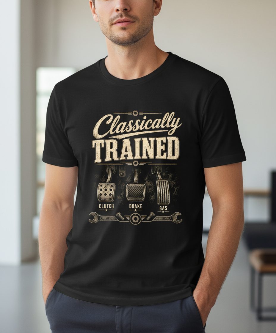 Classically Trained Retro Manual Transmission T-Shirt - product mockup - Black