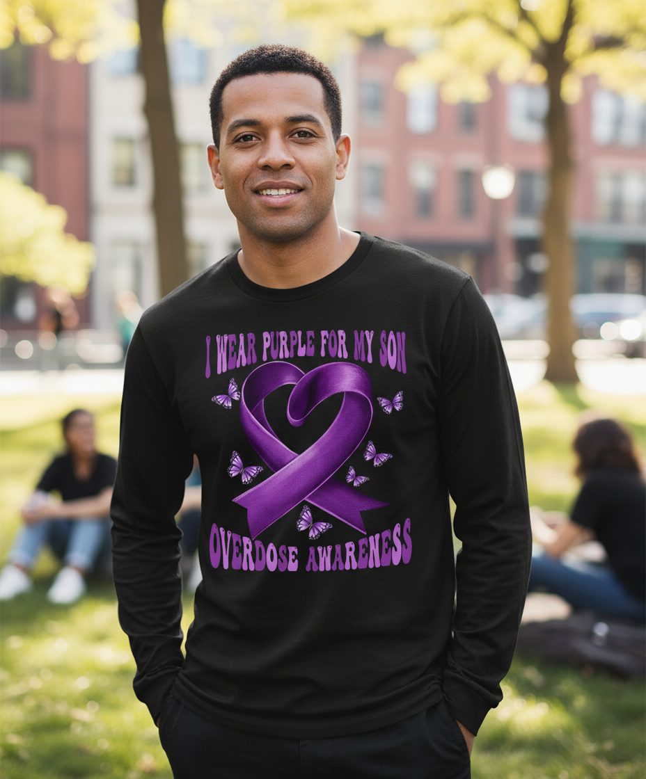 I Wear Purple for My Son Overdose Awareness overdose awareness Long Sleeve Tee Black lifestyle mockup