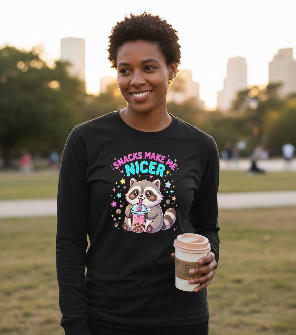 SNACKS MAKE ME NICER Funny Raccoon Long Sleeve Tee - lifestyle model mockup - Black