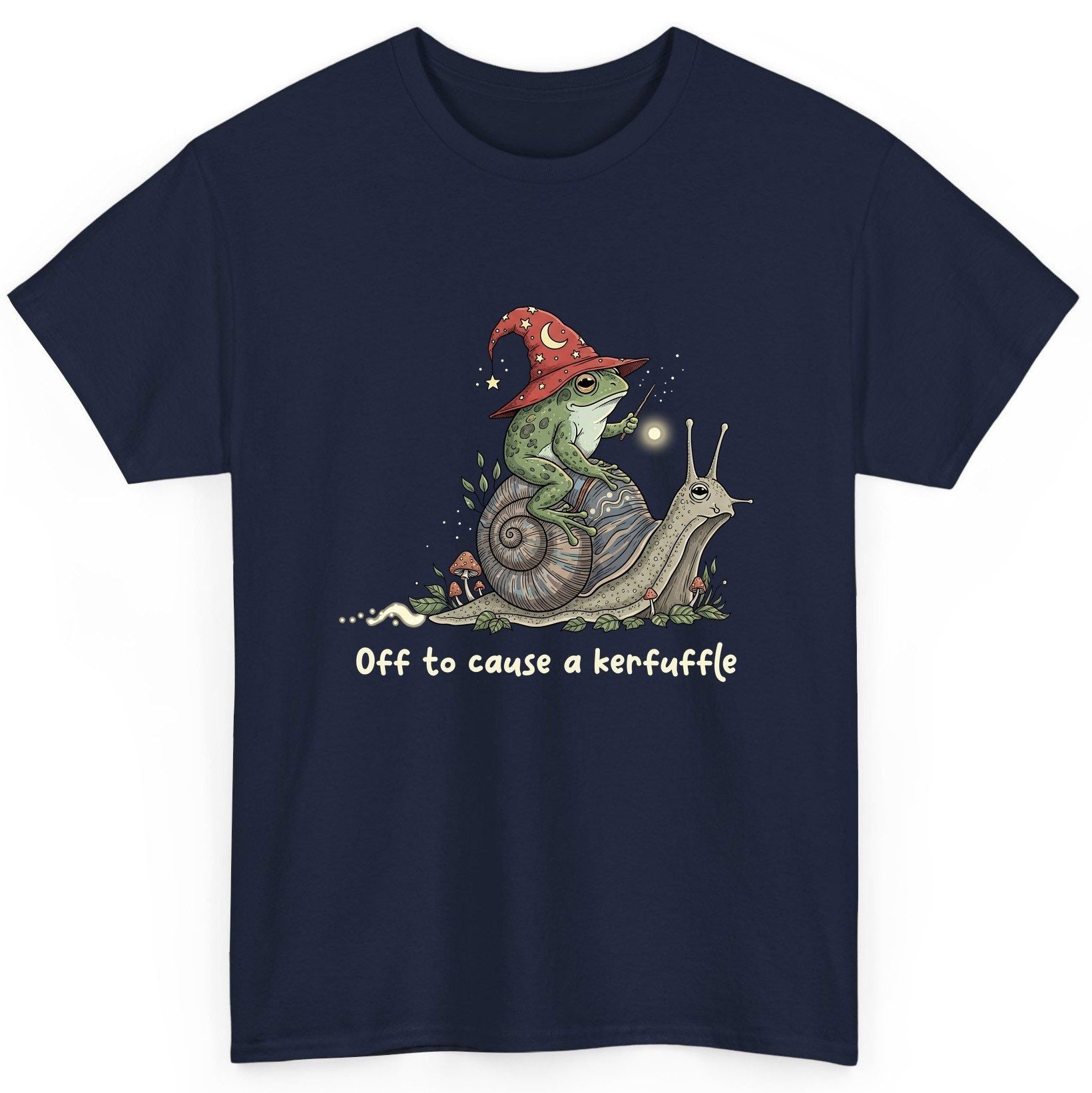 Off to Cause a Kerfuffle wizard frog T-Shirt Navy product mockup