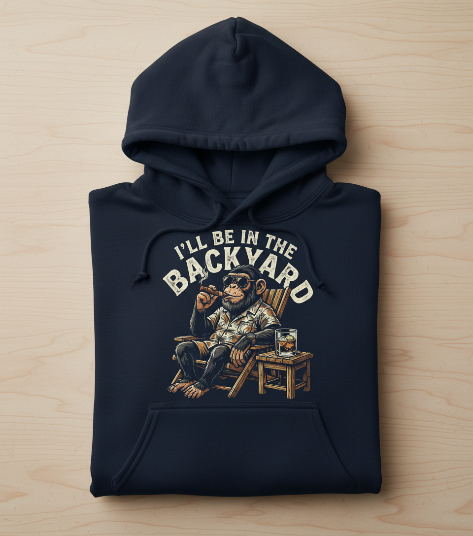 I'll Be In The Backyard Relaxing Chimp with Cigar Hoodie - Navy