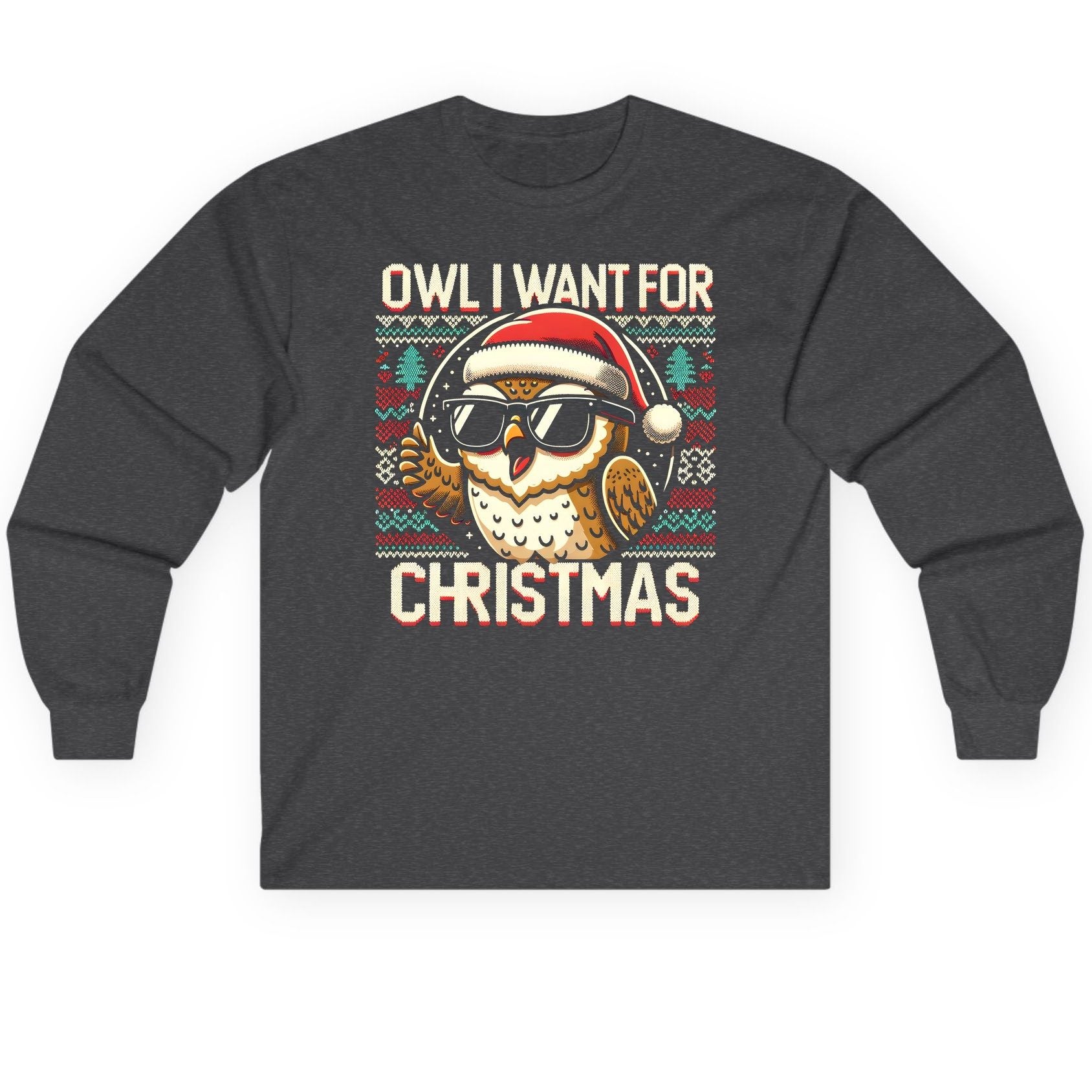 Owl I Want for Christmas Christmas owl Long Sleeve Tee Dark Heather product mockup