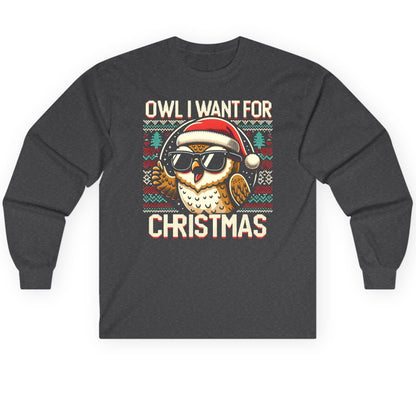 Owl I Want for Christmas Christmas owl Long Sleeve Tee Dark Heather product mockup