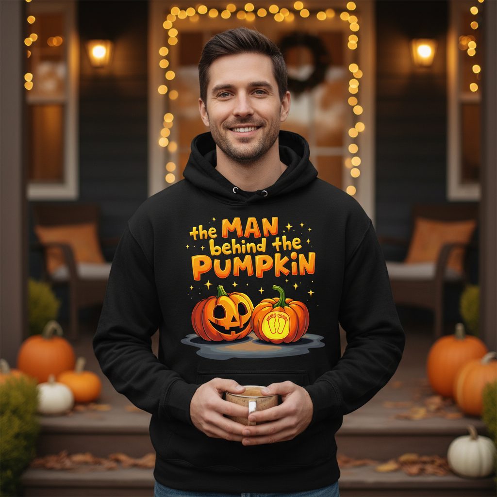 The Man Behind the Pumpkin Halloween pregnancy announcement Hoodie Black lifestyle mockup