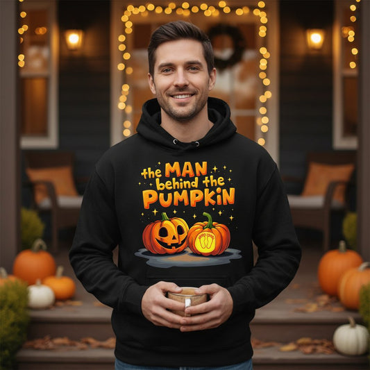 The Man Behind the Pumpkin Halloween pregnancy announcement Hoodie Black lifestyle mockup