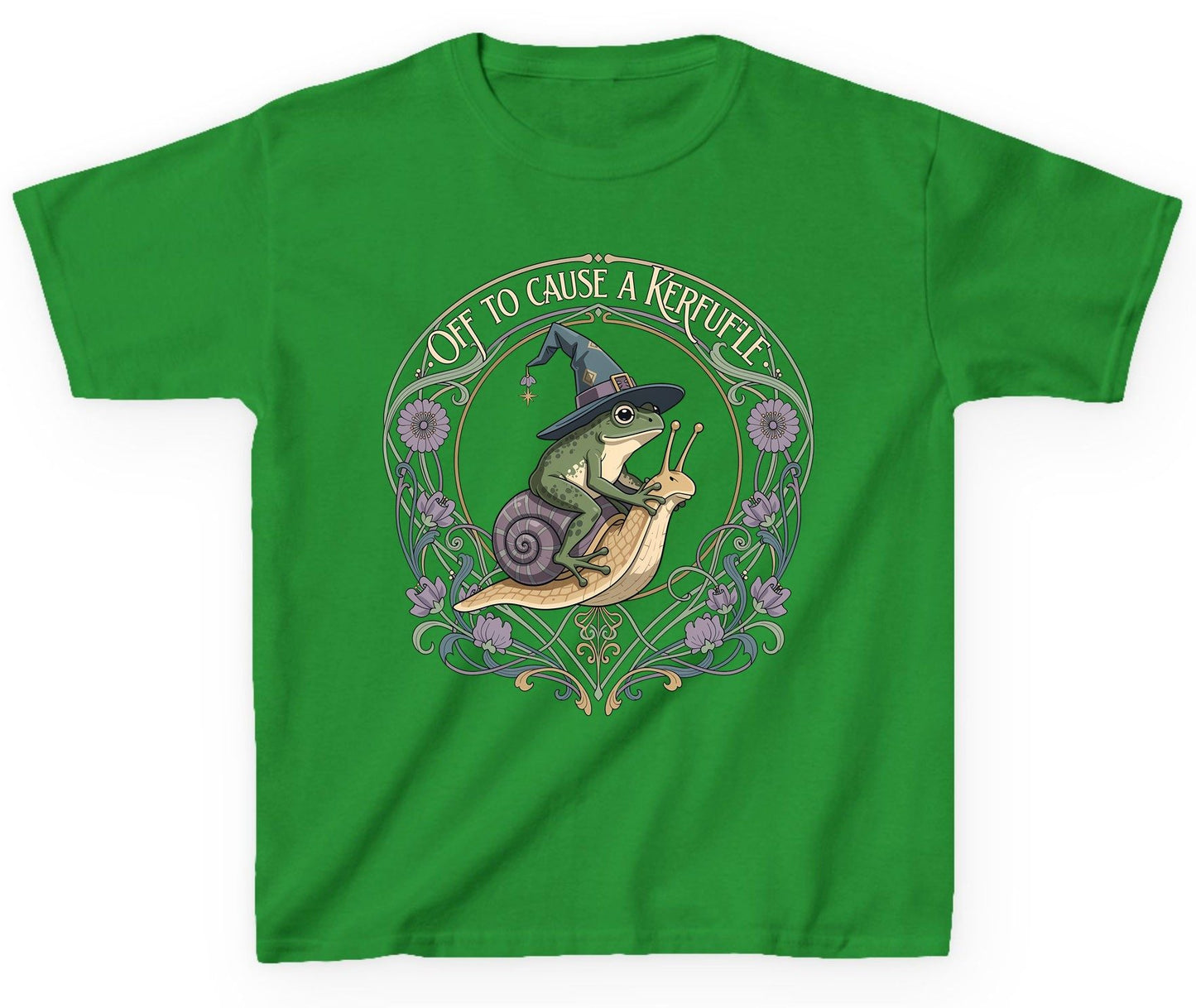 Off to Cause a Kerfuffle frog riding a snail Youth T-Shirt Irish Green product mockup