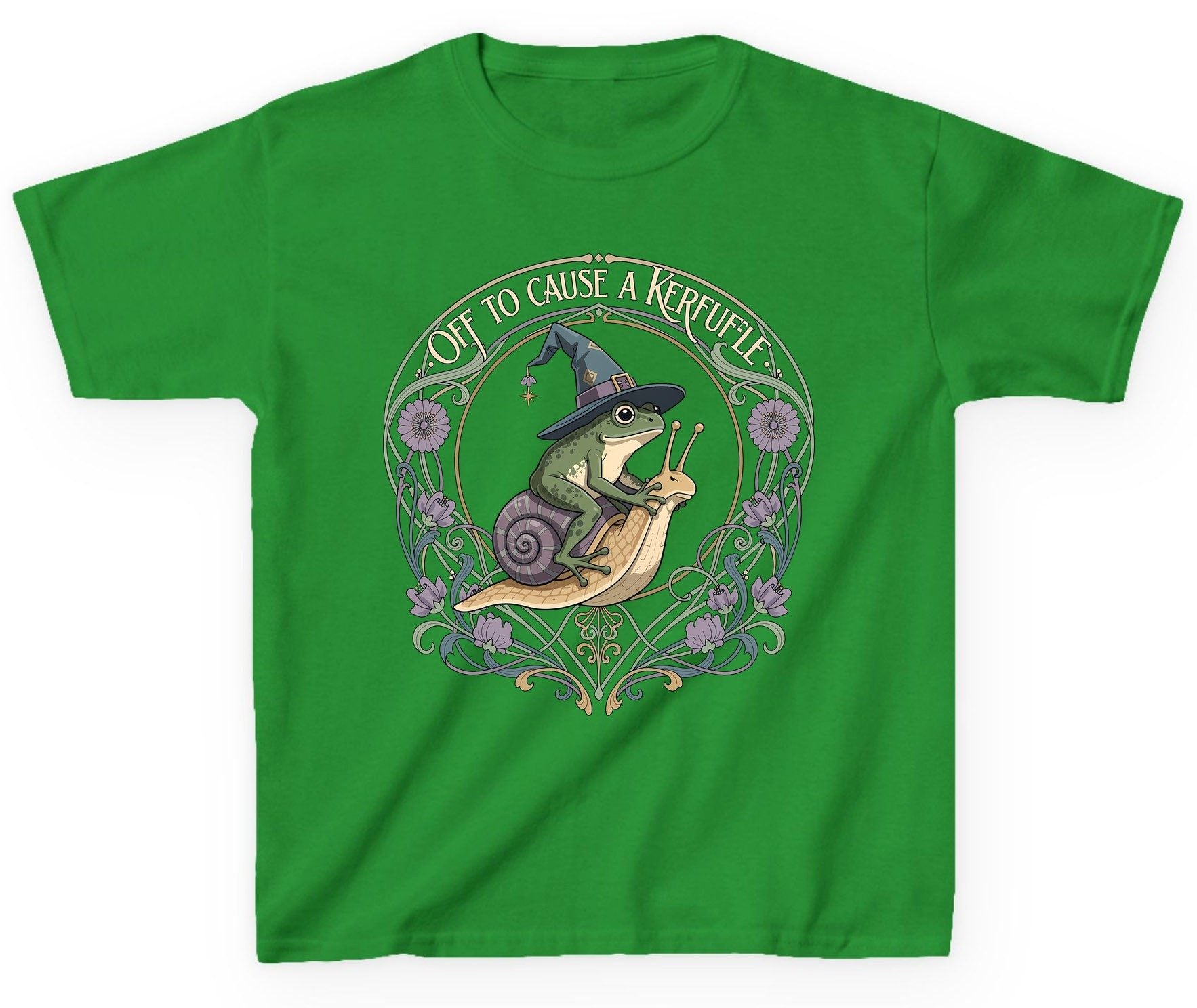 Off to Cause a Kerfuffle frog riding a snail Youth T-Shirt Irish Green product mockup