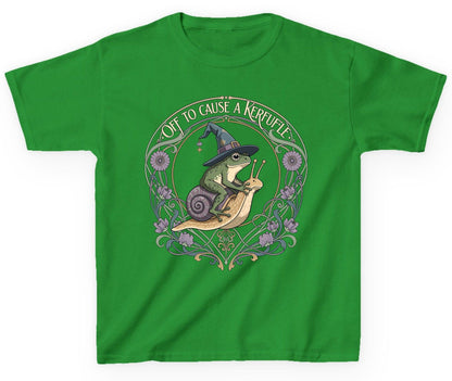 Off to Cause a Kerfuffle frog riding a snail Youth T-Shirt Irish Green product mockup