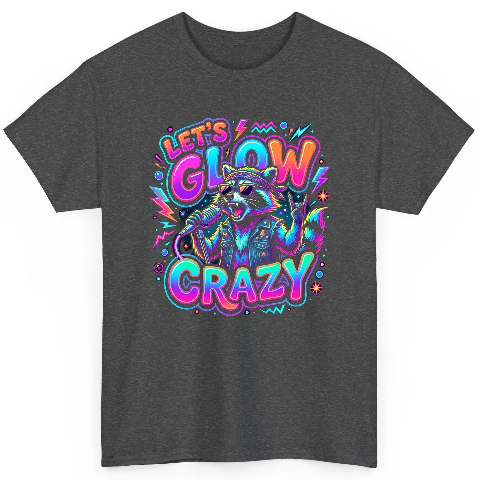 Let's Glow Crazy Funny Rockstar Raccoon T-Shirt - product mockup - Dark Heather