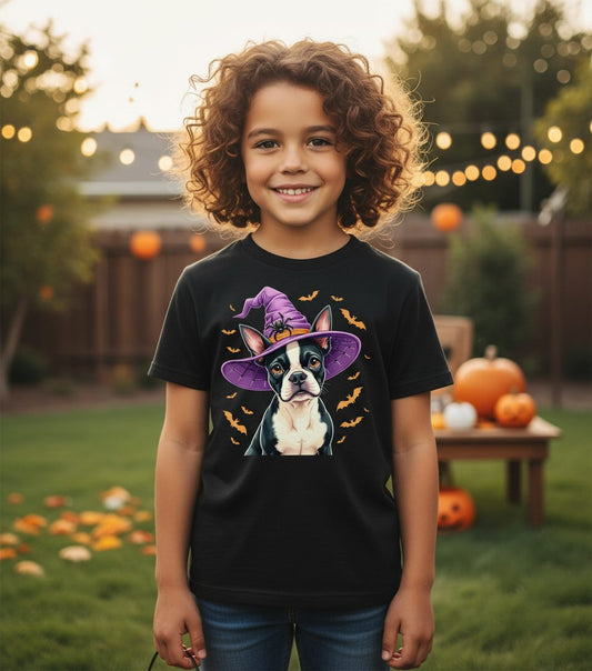 Halloween Boston Terrier Witch boston terrier Youth T-Shirt Black lifestyle mockup