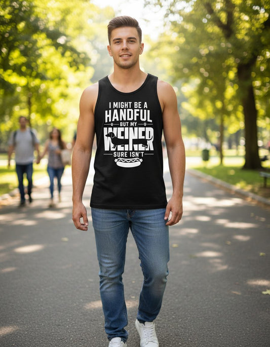 I Might Be a Handful but My Weiner Sure Isn't dachshund Tank Top Black lifestyle mockup