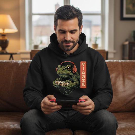 ゲームカエル gaming toad Hoodie Black lifestyle mockup