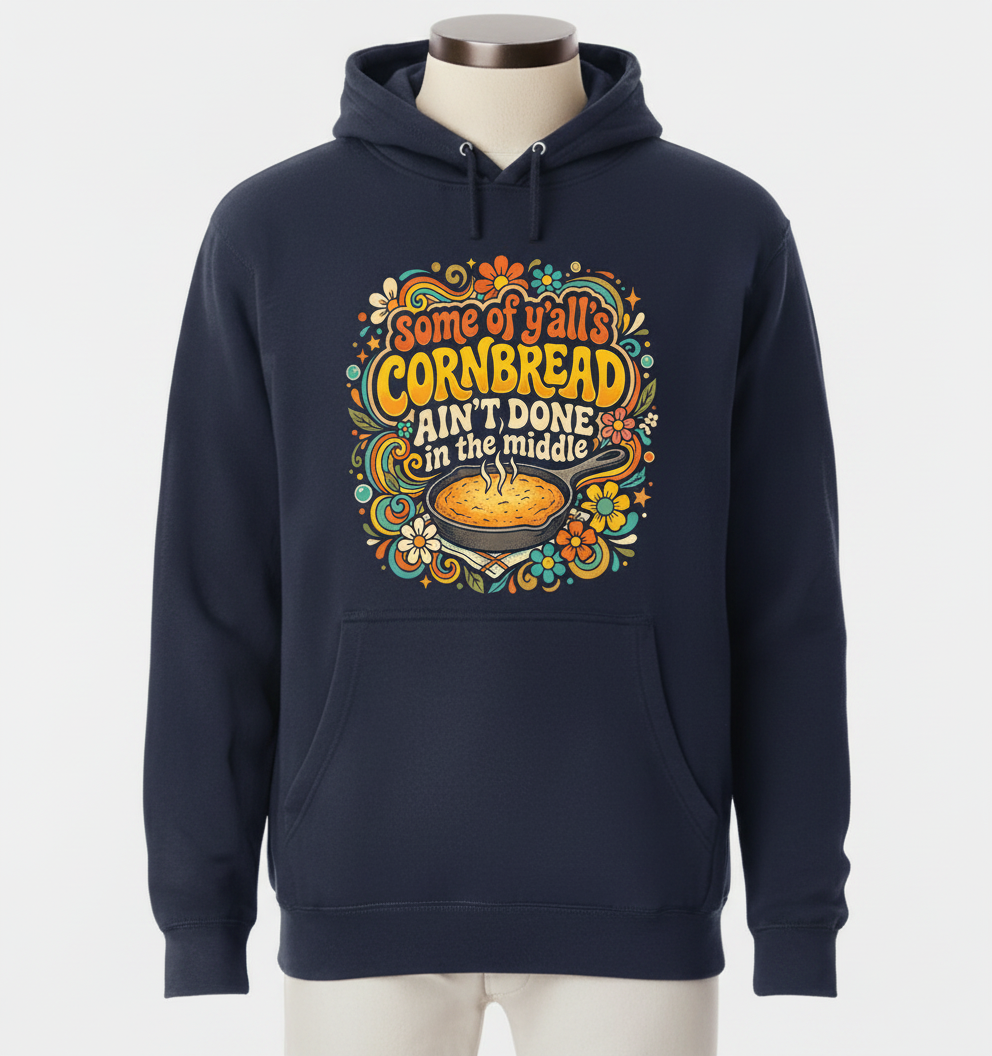 Funny Southern Saying 'Cornbread Ain't Done' Retro 70s Design Hoodie - Navy