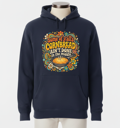 Funny Southern Saying 'Cornbread Ain't Done' Retro 70s Design Hoodie - Navy
