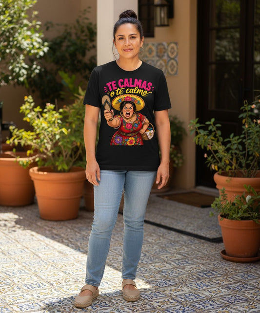 Te Calmas O Te Calmo Funny Latina Mom T-Shirt - lifestyle model mockup - Black