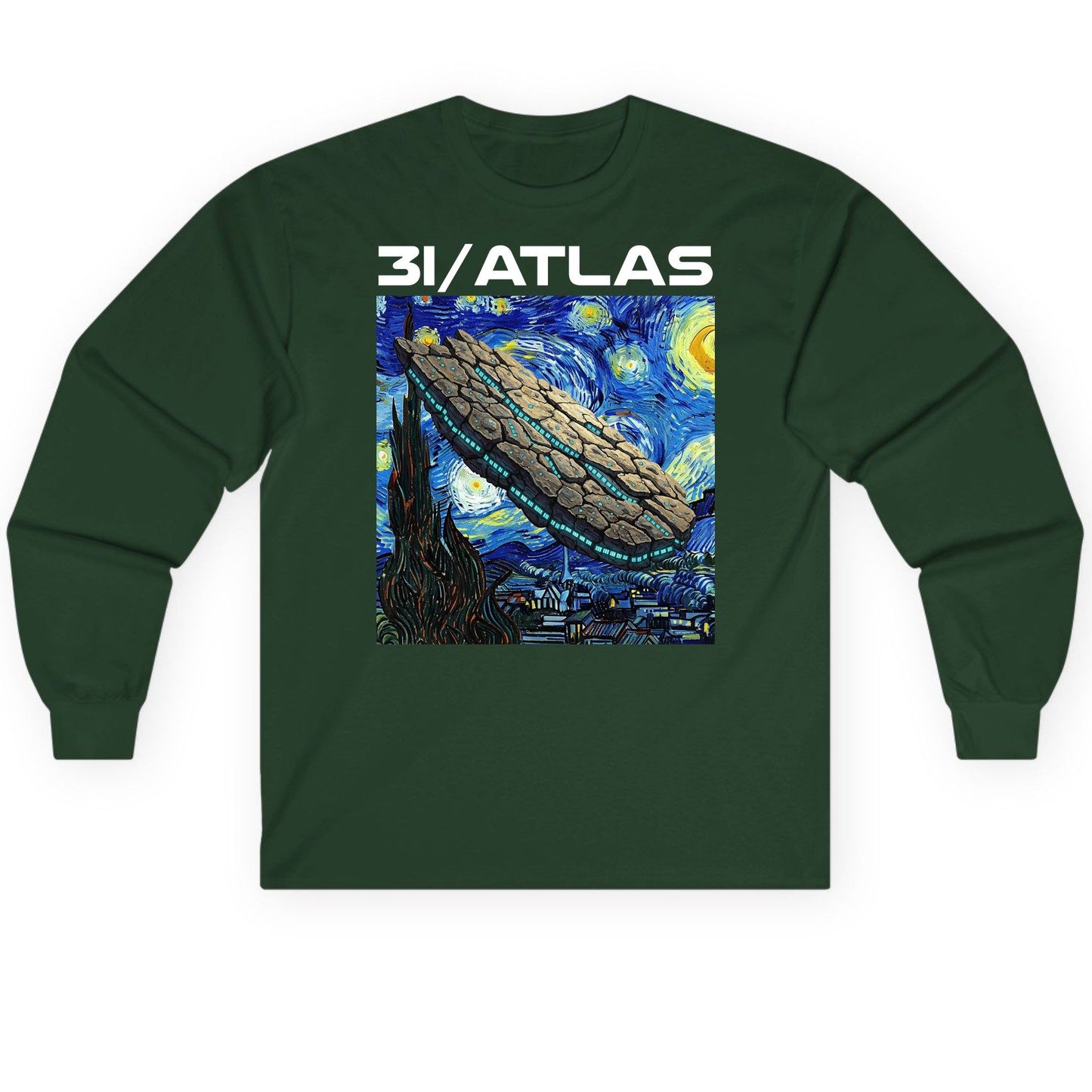 31 Atlas van gogh sci-fi mashup Long Sleeve Tee Forest Green product mockup